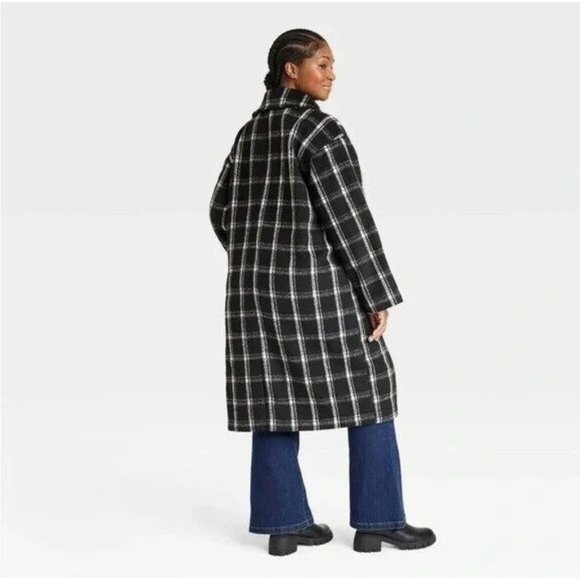 Ava & Viv Women's 4X Black & White Plaid Double Breasted Knee Length Overcoat - Picture 5 of 9